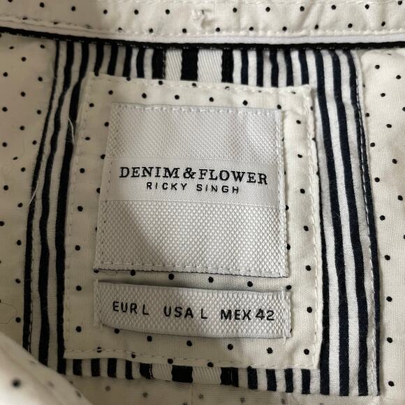 Denim & Flower Ricky Singh Long Sleeve Button Down Shirt Men's L | White Navy - Picture 5 of 11